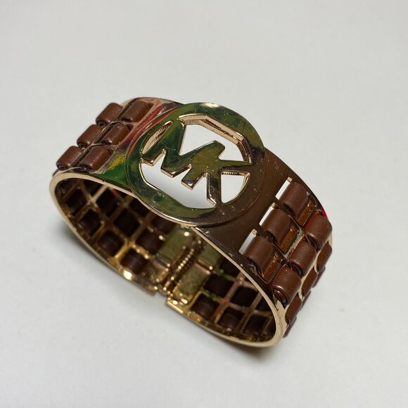Michael Kors Hinged Gold Tone/Brown Leather Bracelet - Picture 2 of 3